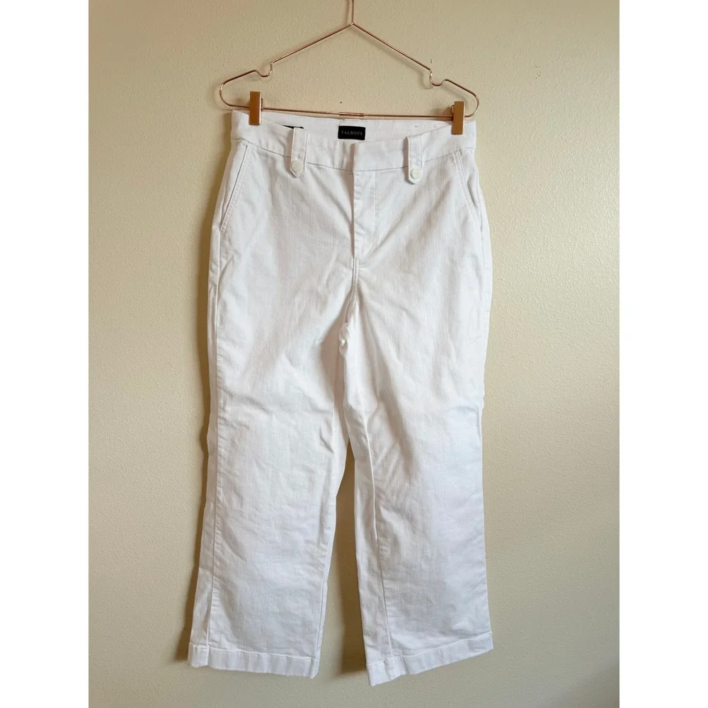 Talbots Wide‎ Leg Jeans Size 12P White High Rise Cropped Stretch Nautical Denimg